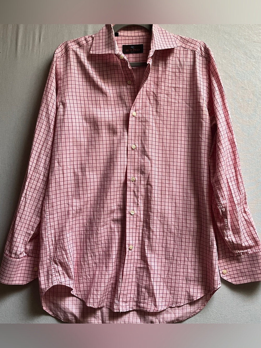 Etro Milano Mens Pink Red Check Button Down Dress Shirt Size 37 US S